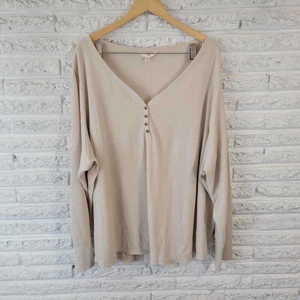 Terra & Sky Women Plus 5X Off White Waffle Knit Long Sleeve Button Up WHI13E